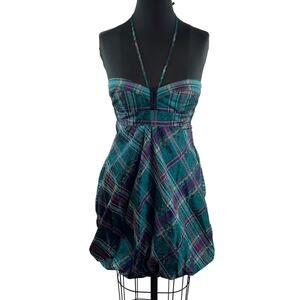 Camille La Vie Halter Plaid Bubble Dress Teal Purple Mini Jacquard Size XS